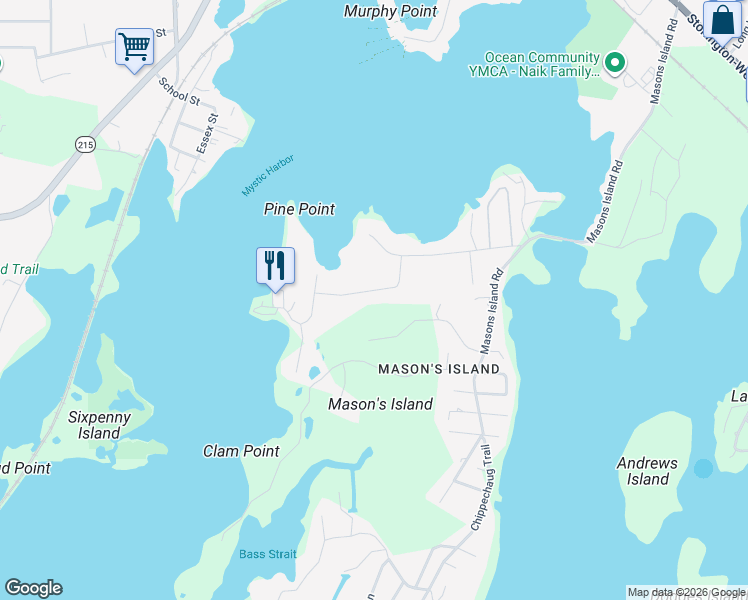 map of restaurants, bars, coffee shops, grocery stores, and more near 83 Old North Road in Stonington