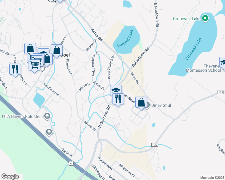 map of restaurants, bars, coffee shops, grocery stores, and more near 8 Israel Zupnick Drive in Monroe