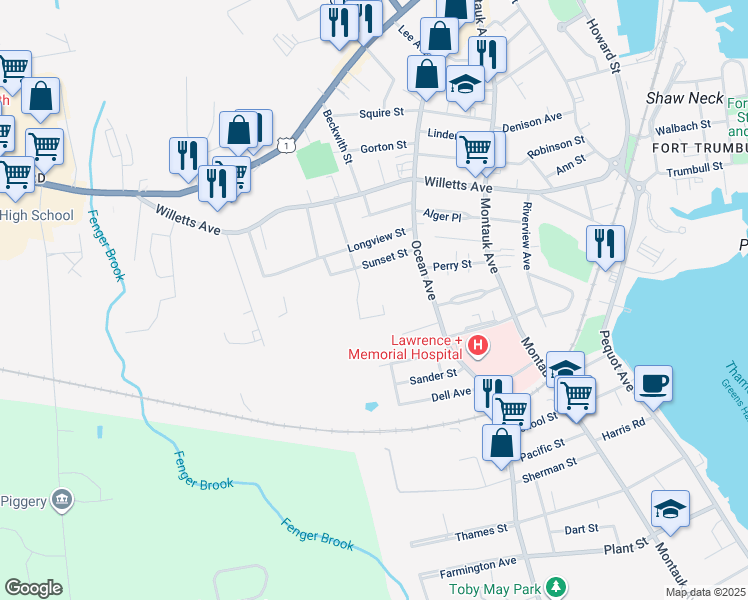map of restaurants, bars, coffee shops, grocery stores, and more near 54-198 Viets St in New London