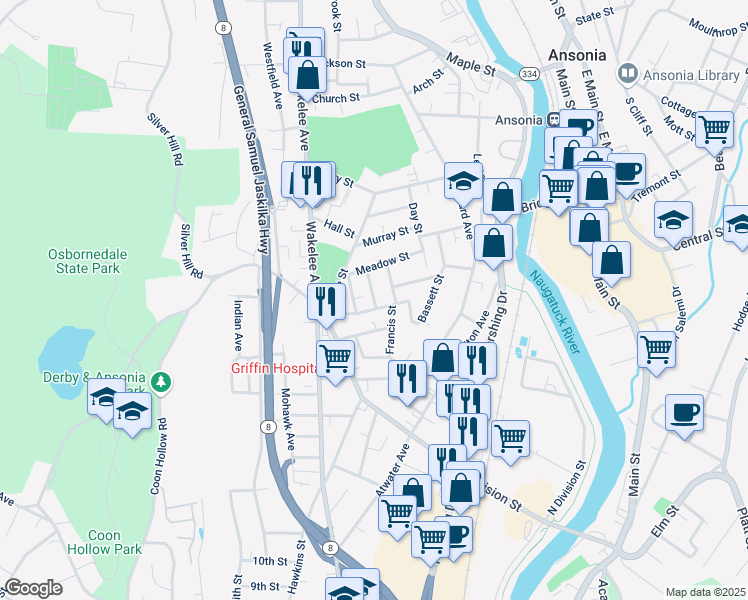 map of restaurants, bars, coffee shops, grocery stores, and more near 12 York Street in Ansonia