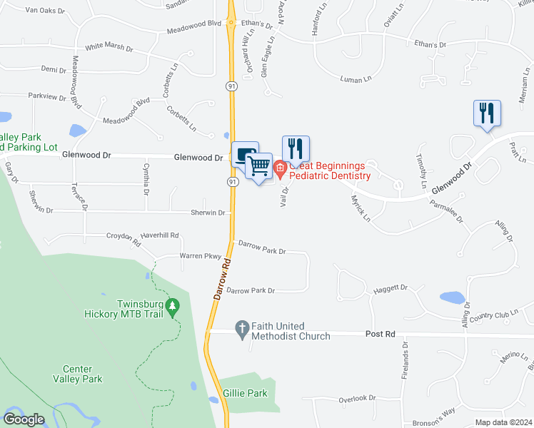 map of restaurants, bars, coffee shops, grocery stores, and more near 9928 Vail Drive in Twinsburg