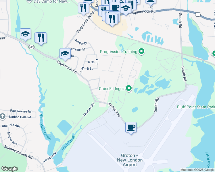 map of restaurants, bars, coffee shops, grocery stores, and more near 30 Tower Avenue in Groton