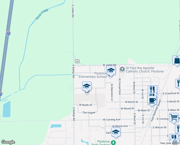map of restaurants, bars, coffee shops, grocery stores, and more near 535 Oak Street in Peotone