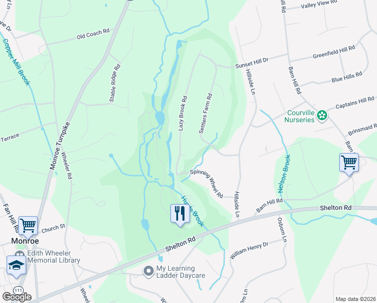 map of restaurants, bars, coffee shops, grocery stores, and more near 58 Lazy Brook Road in Monroe