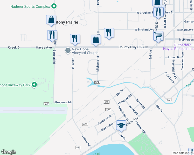 map of restaurants, bars, coffee shops, grocery stores, and more near 740 Township Highway 524 in Fremont