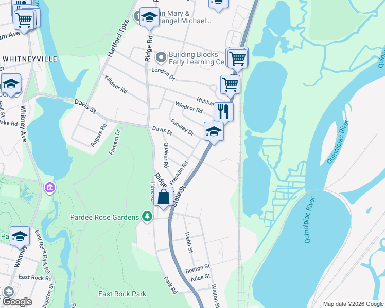 map of restaurants, bars, coffee shops, grocery stores, and more near 199 Franklin Road in Hamden