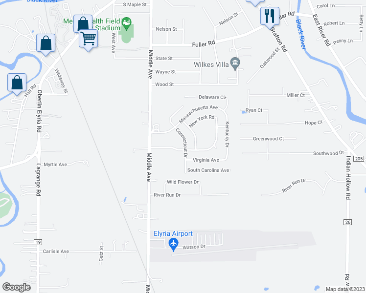 map of restaurants, bars, coffee shops, grocery stores, and more near 231 Connecticut Drive in Elyria