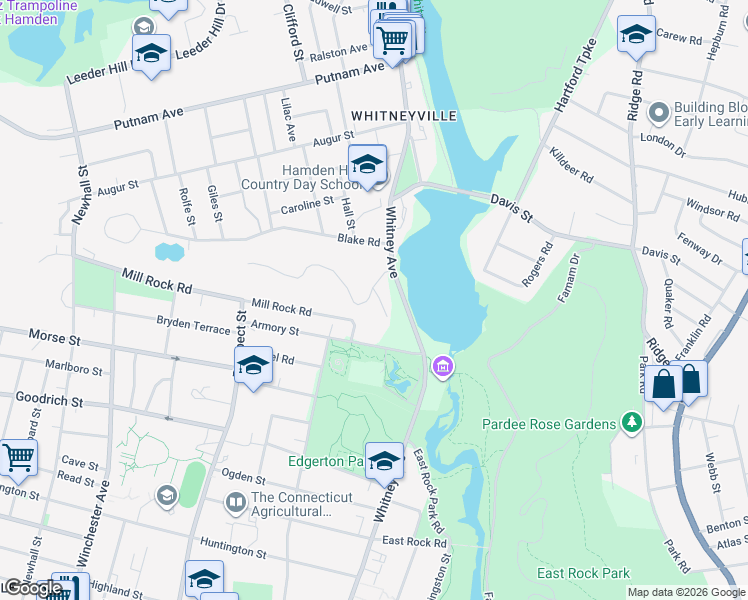 map of restaurants, bars, coffee shops, grocery stores, and more near 1000 Whitney Avenue in Hamden