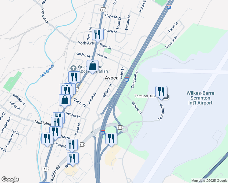 map of restaurants, bars, coffee shops, grocery stores, and more near 720 John St in Avoca