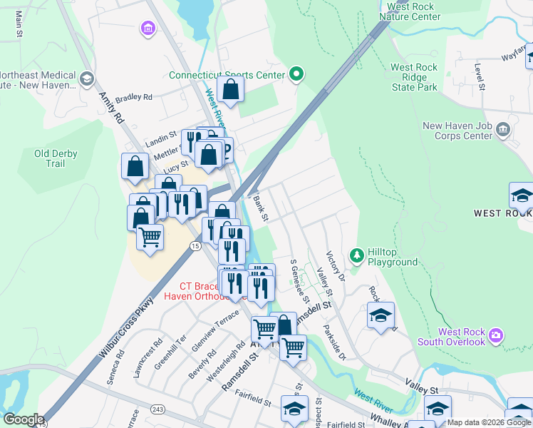 map of restaurants, bars, coffee shops, grocery stores, and more near 24 Bank Street in New Haven