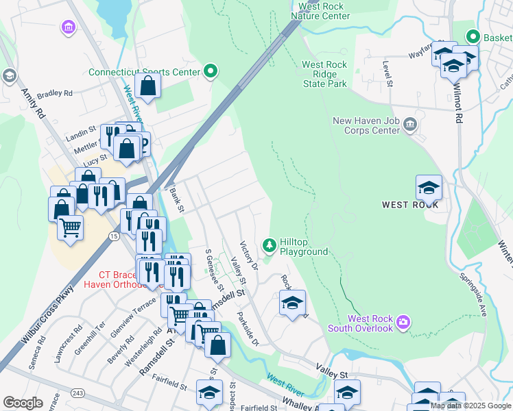 map of restaurants, bars, coffee shops, grocery stores, and more near 141 Mountain Road in New Haven
