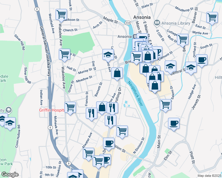 map of restaurants, bars, coffee shops, grocery stores, and more near 74 Howard Avenue in Ansonia
