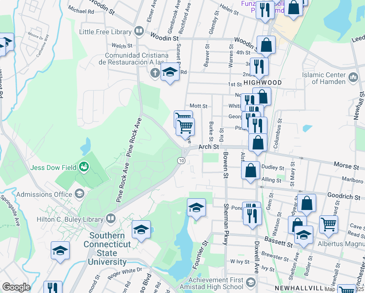 map of restaurants, bars, coffee shops, grocery stores, and more near 175 Arch Street in Hamden
