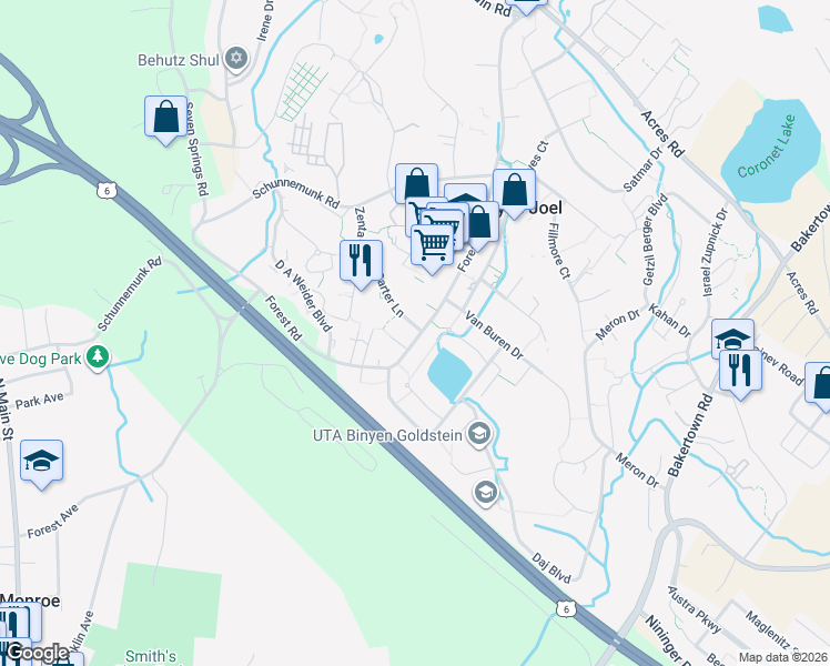 map of restaurants, bars, coffee shops, grocery stores, and more near 39 Forest Road in Palm Tree