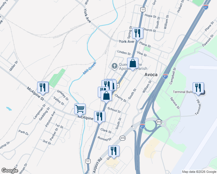 map of restaurants, bars, coffee shops, grocery stores, and more near 722 Spring St in Avoca