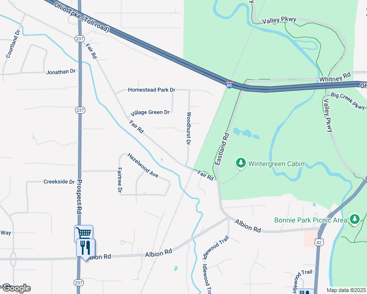 map of restaurants, bars, coffee shops, grocery stores, and more near 9868 Woodhurst Dr in Strongsville