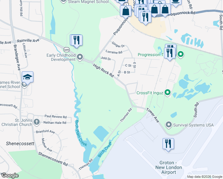 map of restaurants, bars, coffee shops, grocery stores, and more near 119 High Rock Road in Groton