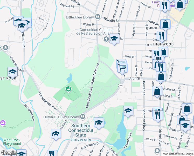 map of restaurants, bars, coffee shops, grocery stores, and more near 155 Pine Rock Avenue in Hamden
