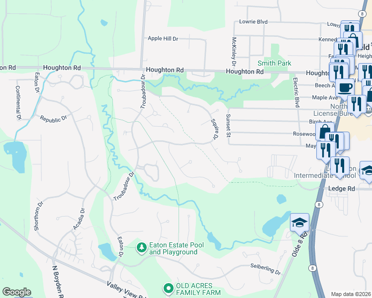 map of restaurants, bars, coffee shops, grocery stores, and more near 4876 Squire Drive in Northfield