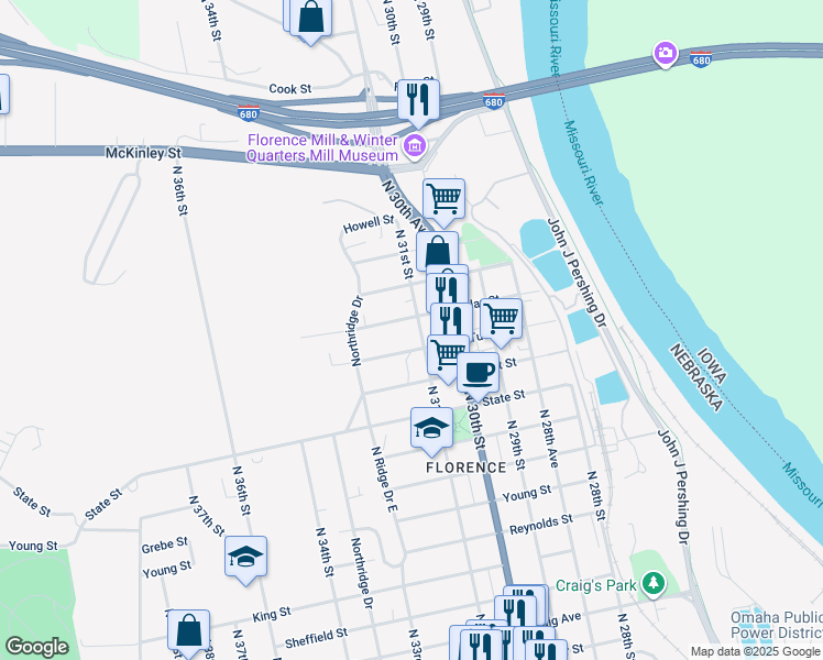 map of restaurants, bars, coffee shops, grocery stores, and more near 8620 North 31st Street in Omaha