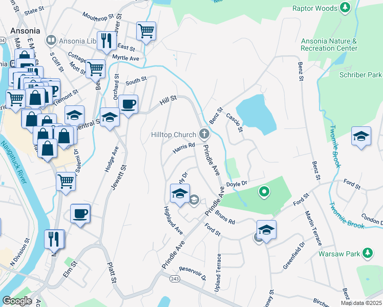 map of restaurants, bars, coffee shops, grocery stores, and more near 25 Belleview Terrace in Ansonia