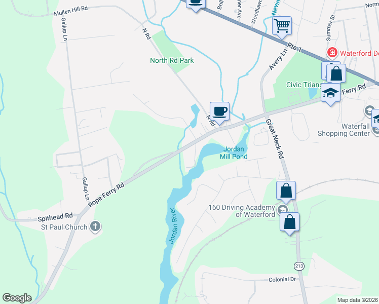 map of restaurants, bars, coffee shops, grocery stores, and more near 128 Rope Ferry Road in Waterford
