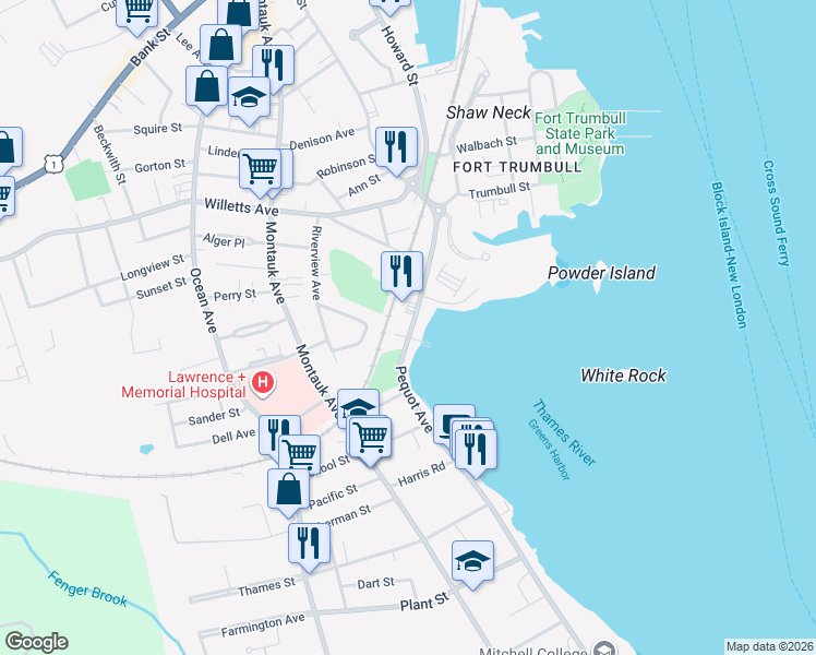 map of restaurants, bars, coffee shops, grocery stores, and more near 115 Pequot Avenue in New London