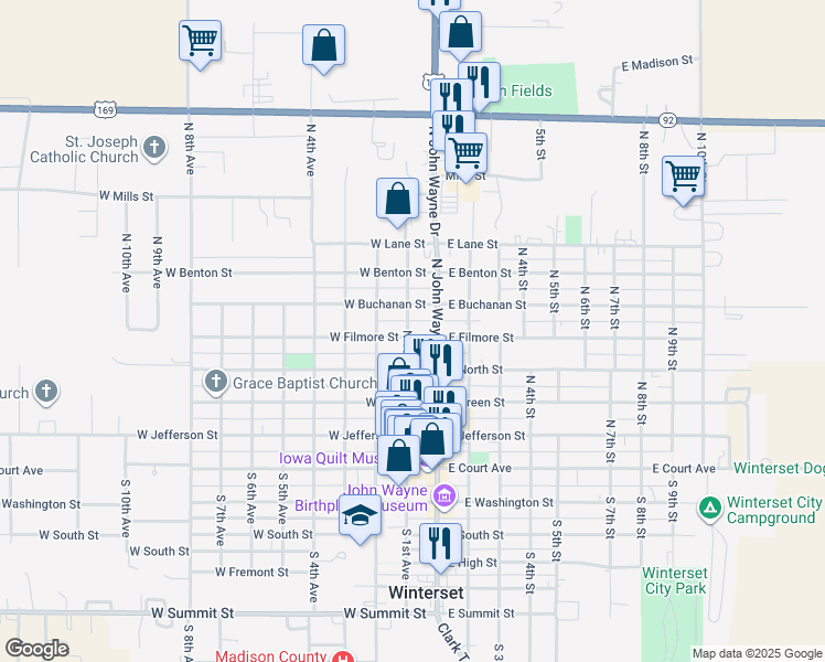 map of restaurants, bars, coffee shops, grocery stores, and more near 517 North 1st Avenue in Winterset