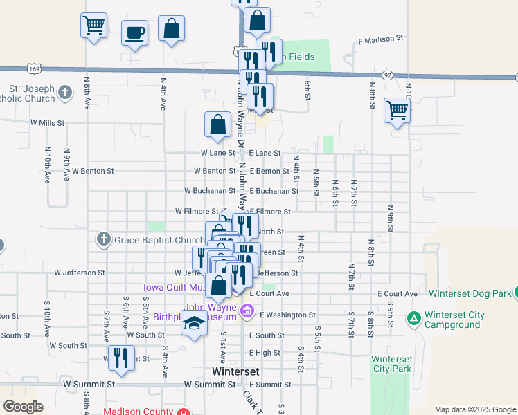 map of restaurants, bars, coffee shops, grocery stores, and more near 520 North 2nd Street in Winterset