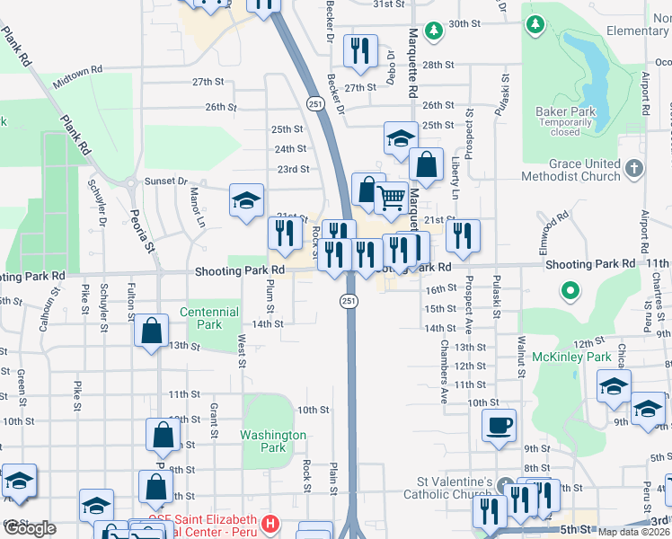 map of restaurants, bars, coffee shops, grocery stores, and more near Shooting Park Road in Peru