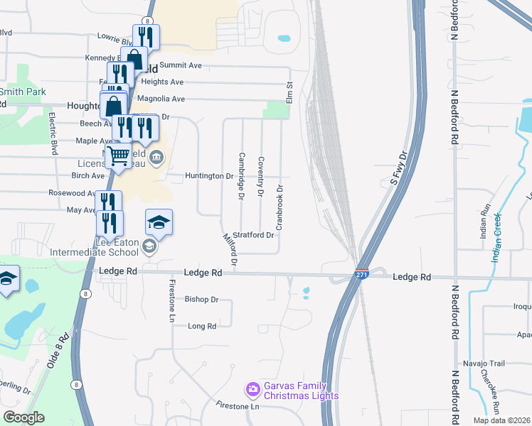 map of restaurants, bars, coffee shops, grocery stores, and more near 9107 Coventry Drive in Northfield