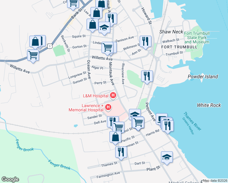 map of restaurants, bars, coffee shops, grocery stores, and more near 313 Montauk Avenue in New London