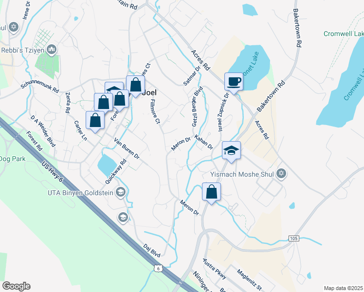 map of restaurants, bars, coffee shops, grocery stores, and more near 17 Meron Drive in Kiryas Joel