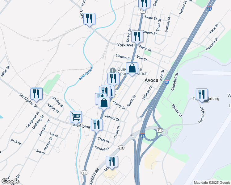 map of restaurants, bars, coffee shops, grocery stores, and more near 740 Main Street in Avoca