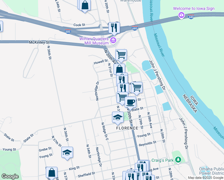 map of restaurants, bars, coffee shops, grocery stores, and more near 8620 North 31st Street in Omaha