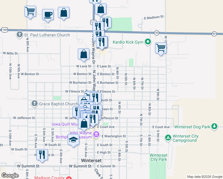 map of restaurants, bars, coffee shops, grocery stores, and more near 301 East Filmore Street in Winterset
