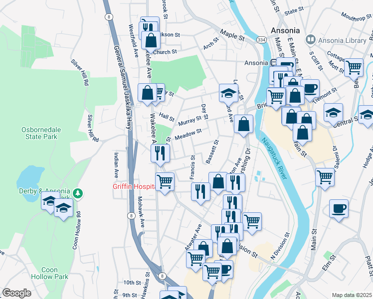 map of restaurants, bars, coffee shops, grocery stores, and more near 12 York Street in Ansonia