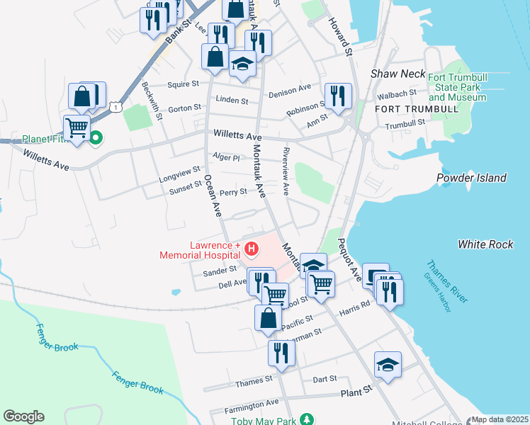 map of restaurants, bars, coffee shops, grocery stores, and more near 313 Montauk Avenue in New London