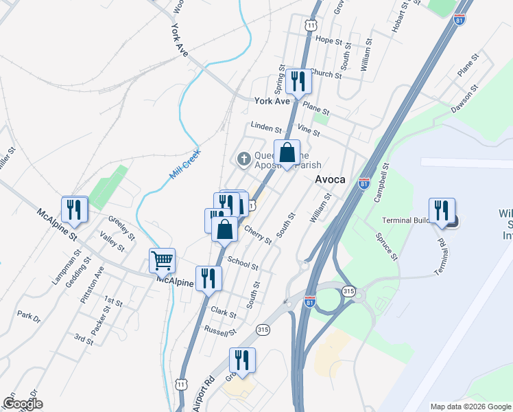 map of restaurants, bars, coffee shops, grocery stores, and more near 740 Main Street in Avoca