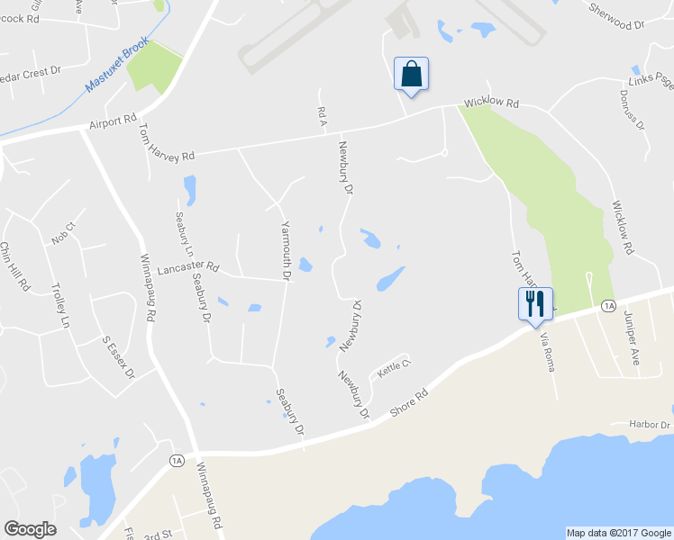 map of restaurants, bars, coffee shops, grocery stores, and more near 23 Newbury Drive in Westerly
