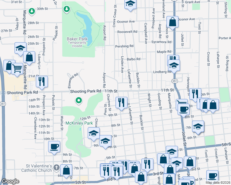 map of restaurants, bars, coffee shops, grocery stores, and more near 1093 Creve Coeur Street in LaSalle