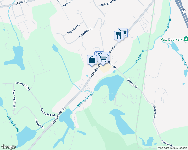 map of restaurants, bars, coffee shops, grocery stores, and more near 154 Westbrook Road in Essex