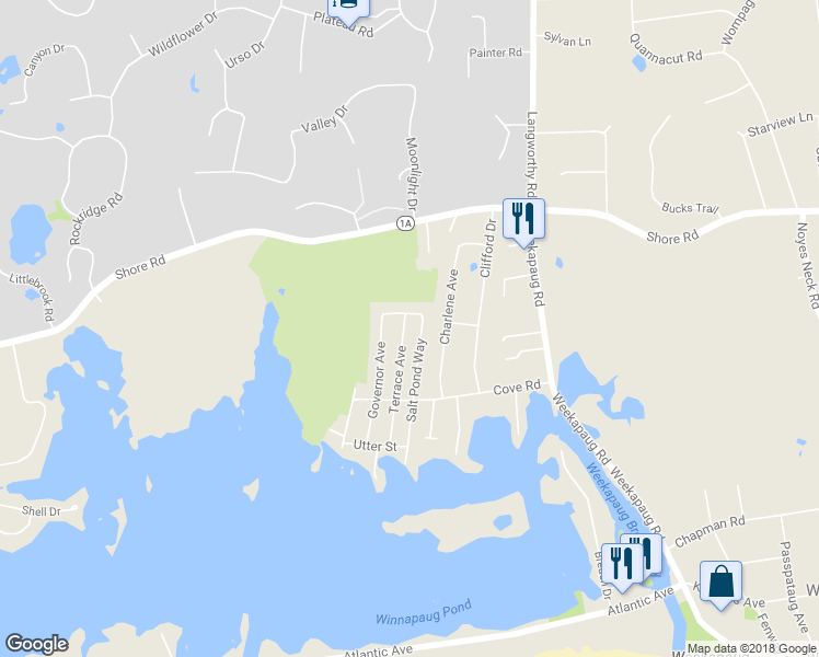 map of restaurants, bars, coffee shops, grocery stores, and more near 51 Terrace Avenue in Westerly