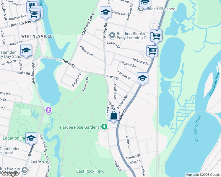 map of restaurants, bars, coffee shops, grocery stores, and more near 123 Ridge Rd in Hamden