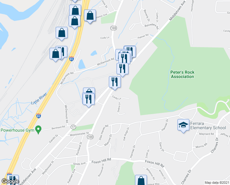 map of restaurants, bars, coffee shops, grocery stores, and more near 45 Quinnipiac Avenue in North Haven