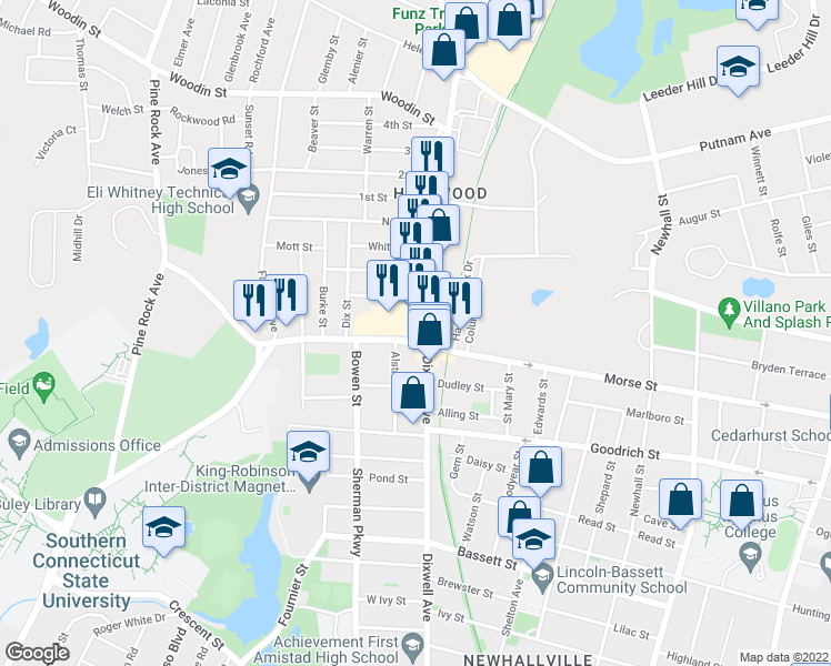 map of restaurants, bars, coffee shops, grocery stores, and more near 930 Dixwell Avenue in Hamden
