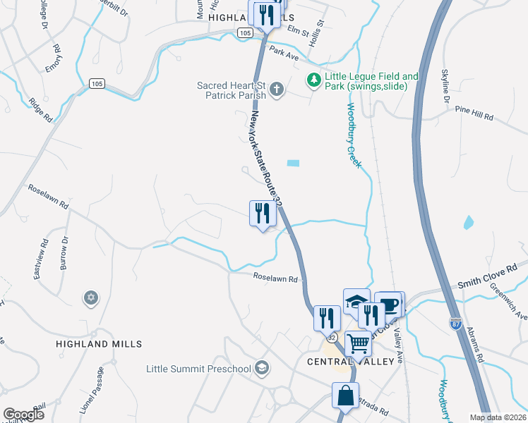 map of restaurants, bars, coffee shops, grocery stores, and more near 381 New York 32 in Woodbury