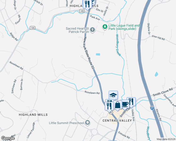 map of restaurants, bars, coffee shops, grocery stores, and more near 381 New York 32 in Woodbury