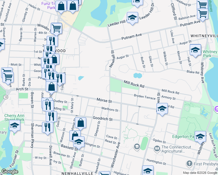 map of restaurants, bars, coffee shops, grocery stores, and more near 550 Newhall Street in Hamden
