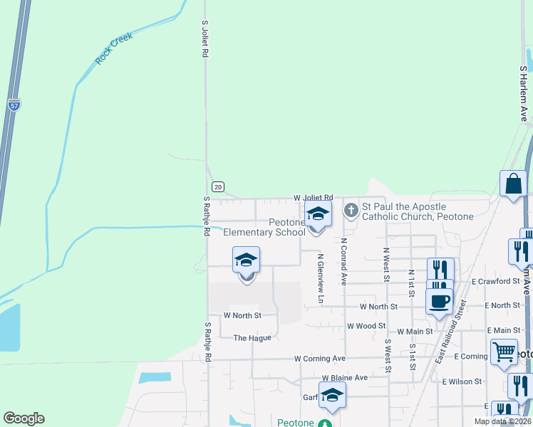 map of restaurants, bars, coffee shops, grocery stores, and more near 535 Oak Street in Peotone